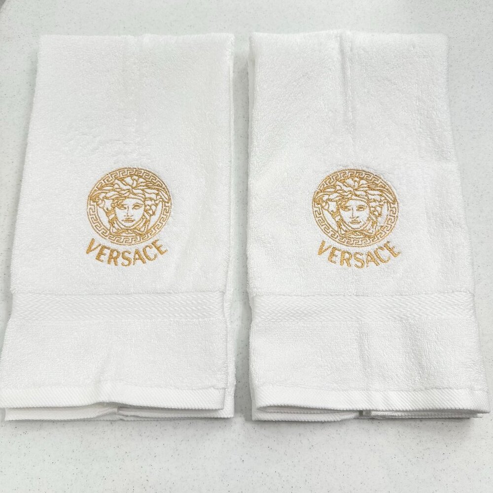 Versace Style Towels Embroidered Hand Towel Set White Gold Bathroom Decor